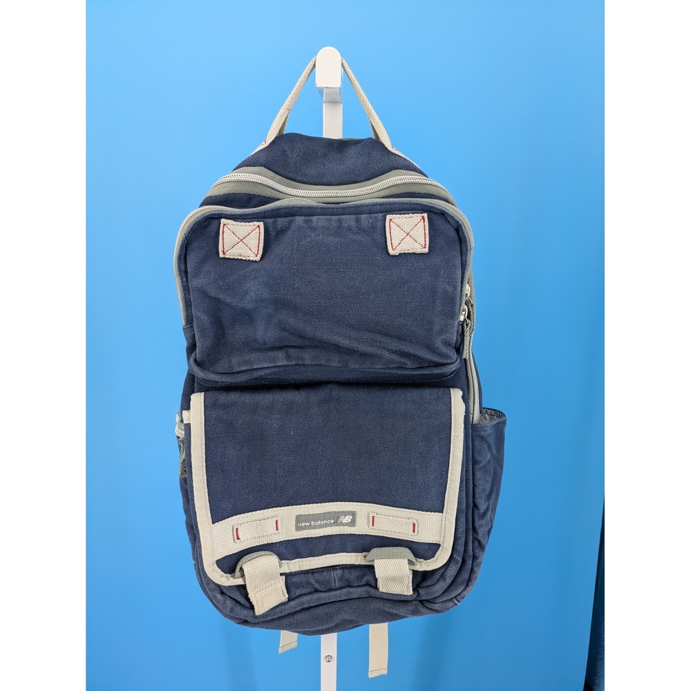 New Balance Canvas Backpack Navy Blue Cream 574 Logo Multi Pocket Rucksack